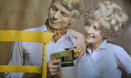 1970s guy and girl powerline paint sprayer ad with yellow chair