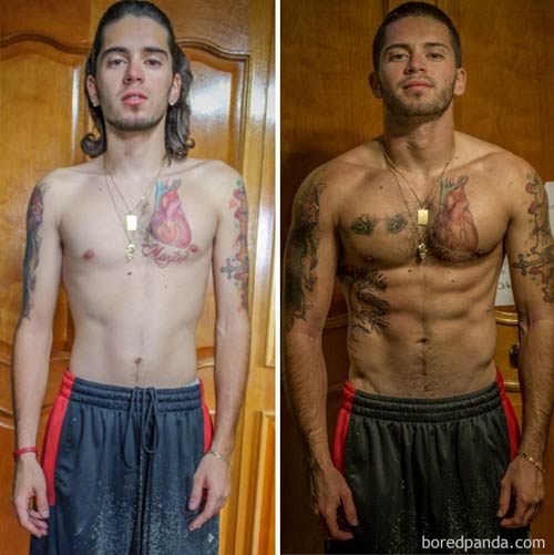 boredpanda 100 to 140 lbs muscle gain tattoo guy before and after exercise program