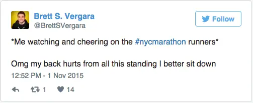 brett s vergara @brettsvergara back hurts from cheering marathoners sit down exercise tweet