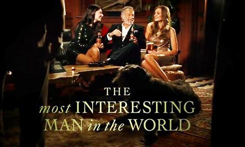 dos equis the most interesting man in the world with brunette redhead and dog red persian rug
